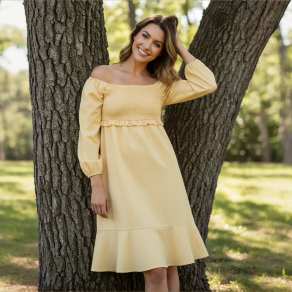 7 For All Mankind Smocked Linen Blend Puff Sleeve Midi Dress